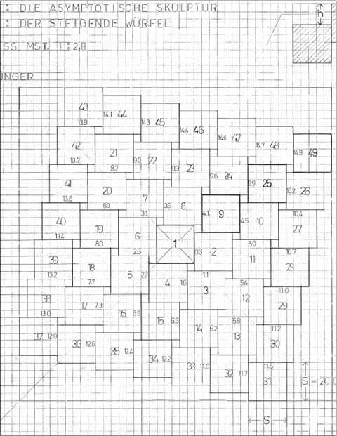 Grundriss zu „Der Steigende Würfel“ 1998, Verleimtes Tannenholz, Würfelseitenlänge 20 cm, Höhe 443 cm